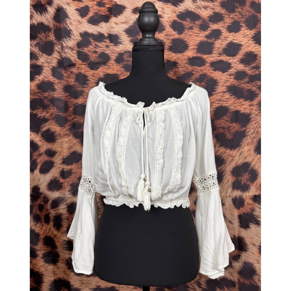 White Boho Lace Eyelet Crop Top Off Shoulder Bell Sleeve Tassel Gauze Blouse